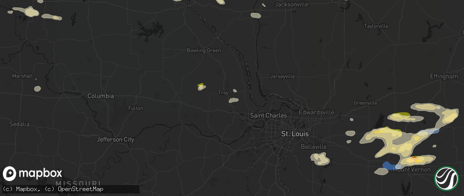 Hail map in Moscow Mills, MO on May 16, 2026