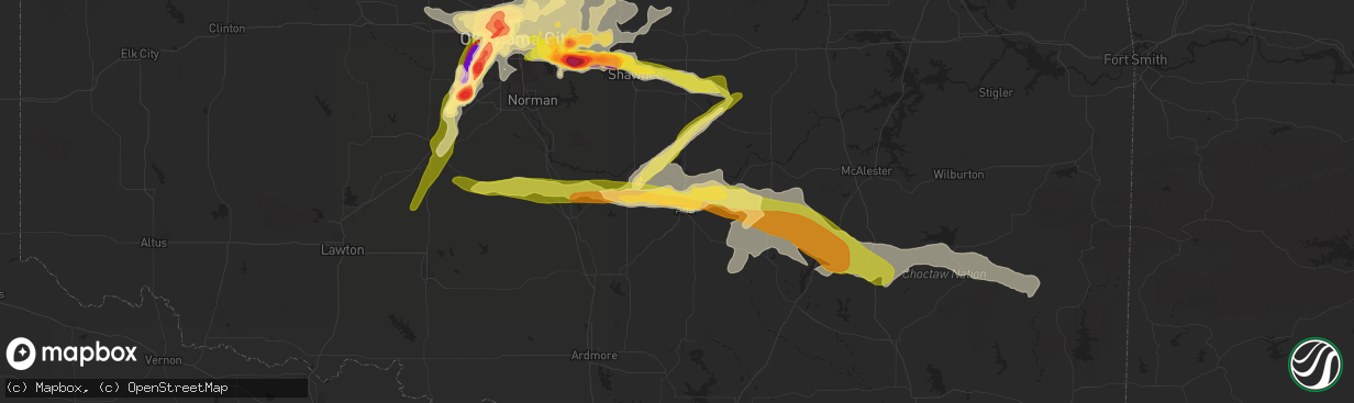 Hail map in Ada, OK on May 17, 2025