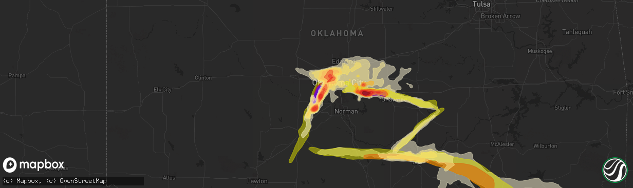 Hail map in Mustang, OK on May 17, 2025