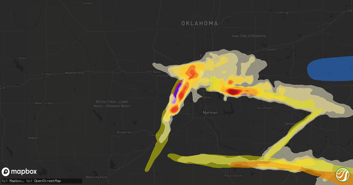 Hail map in Mustang, OK on May 17, 2025