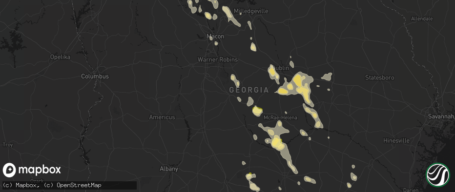 Hail map in Hawkinsville, GA on May 17, 2026