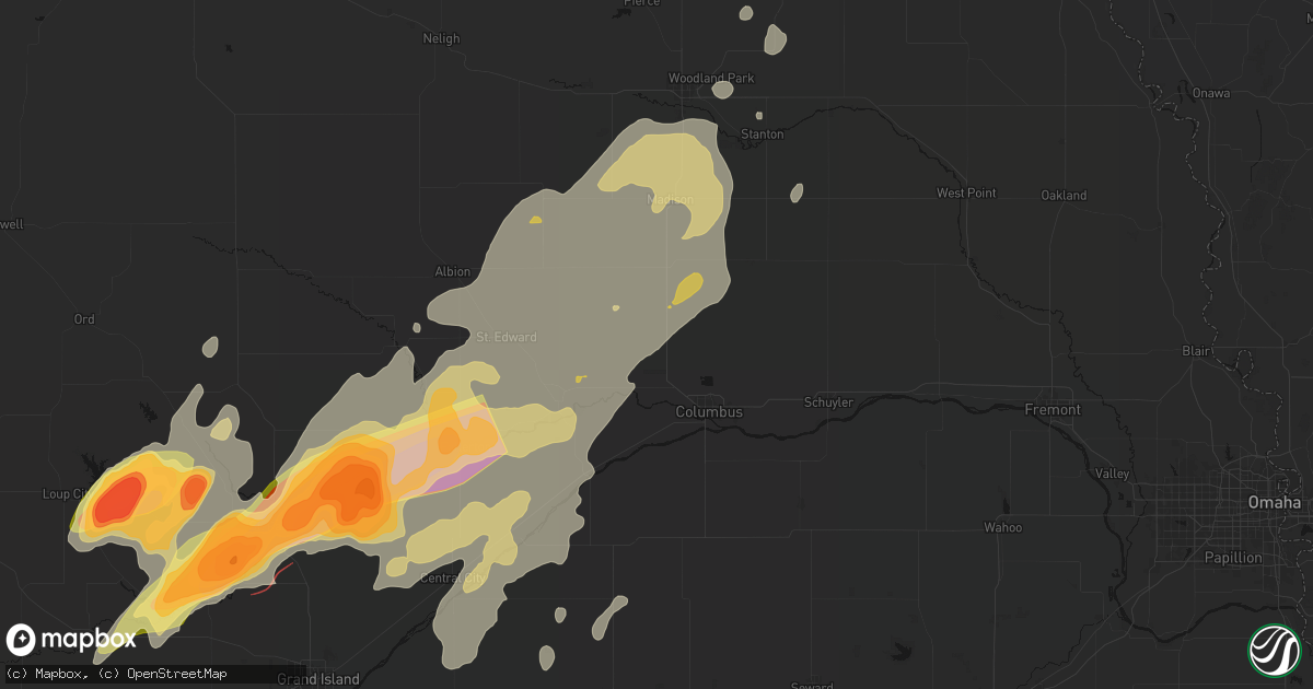 Hail map in Platte Center, NE on May 17, 2026