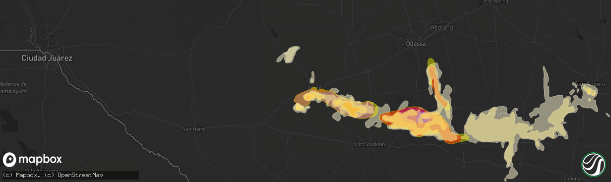 Hail map in Pecos, TX on May 18, 2015