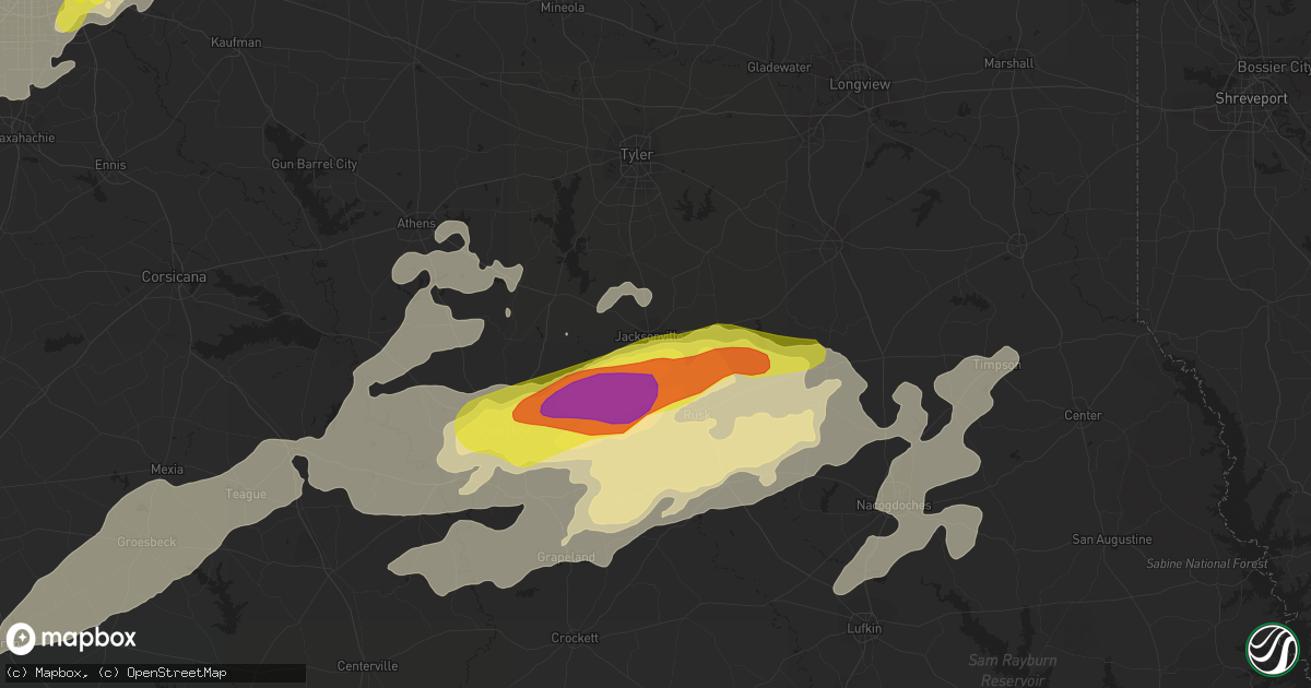 Hail map in Jacksonville, TX on May 18, 2019