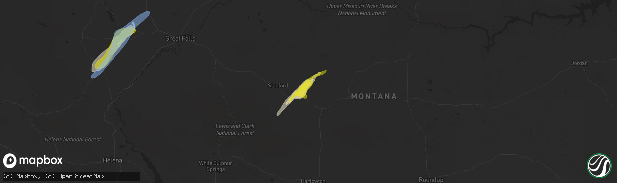 Hail map in Moccasin, MT on May 18, 2020