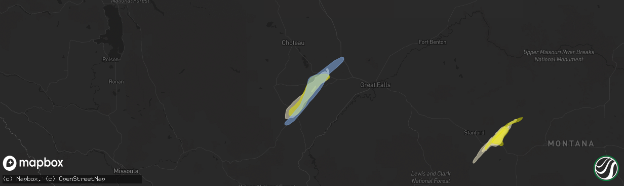 Hail map in Simms, MT on May 18, 2020