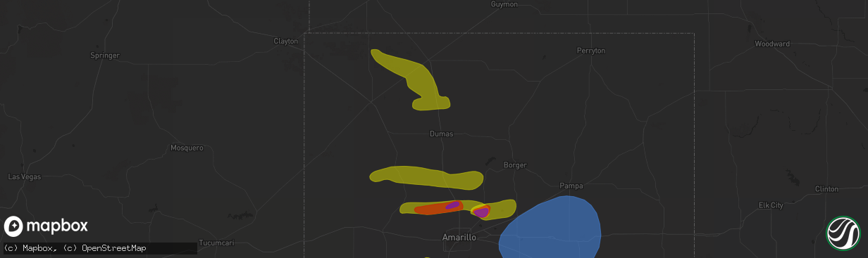 Hail map in Dumas, TX on May 18, 2023