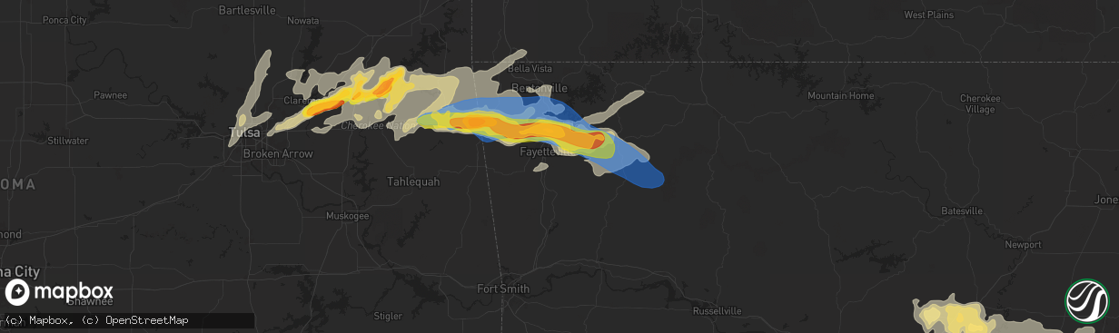 Hail map in Fayetteville, AR on May 18, 2025