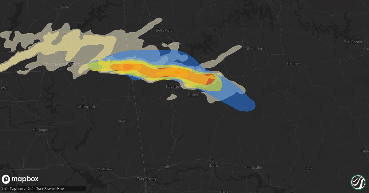 Hail map in Fayetteville, AR on May 18, 2025
