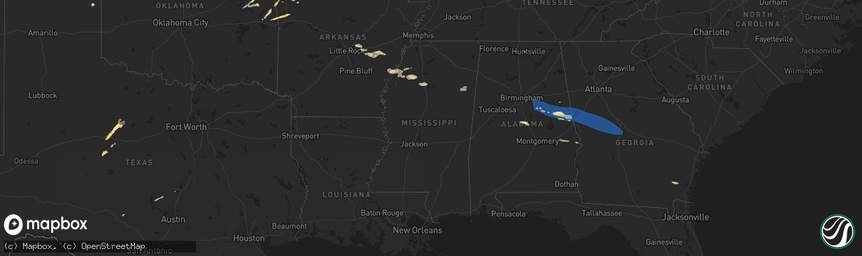 Hail map in Mississippi on May 18, 2025