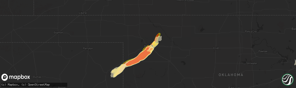 Hail map in Woodward, OK on May 18, 2025