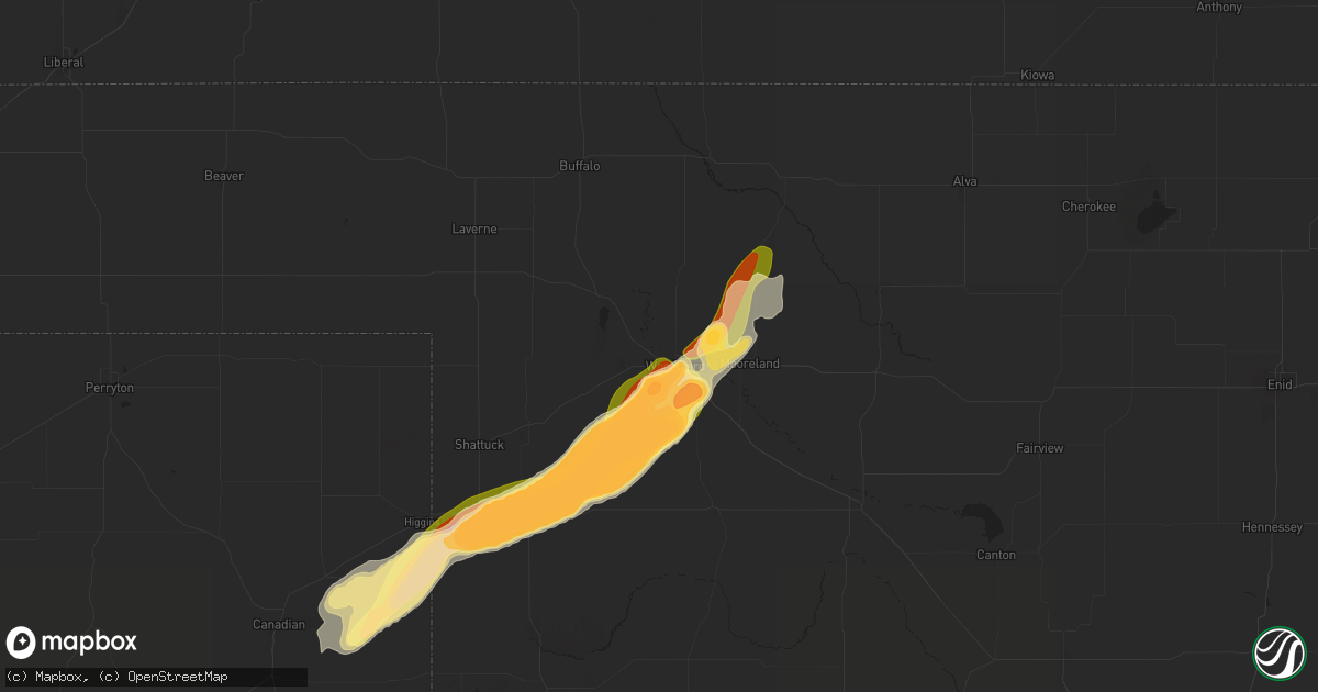 Hail map in Woodward, OK on May 18, 2025