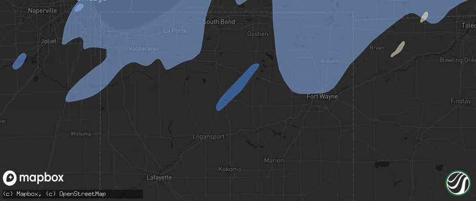 Hail map in Akron, IN on May 18, 2026