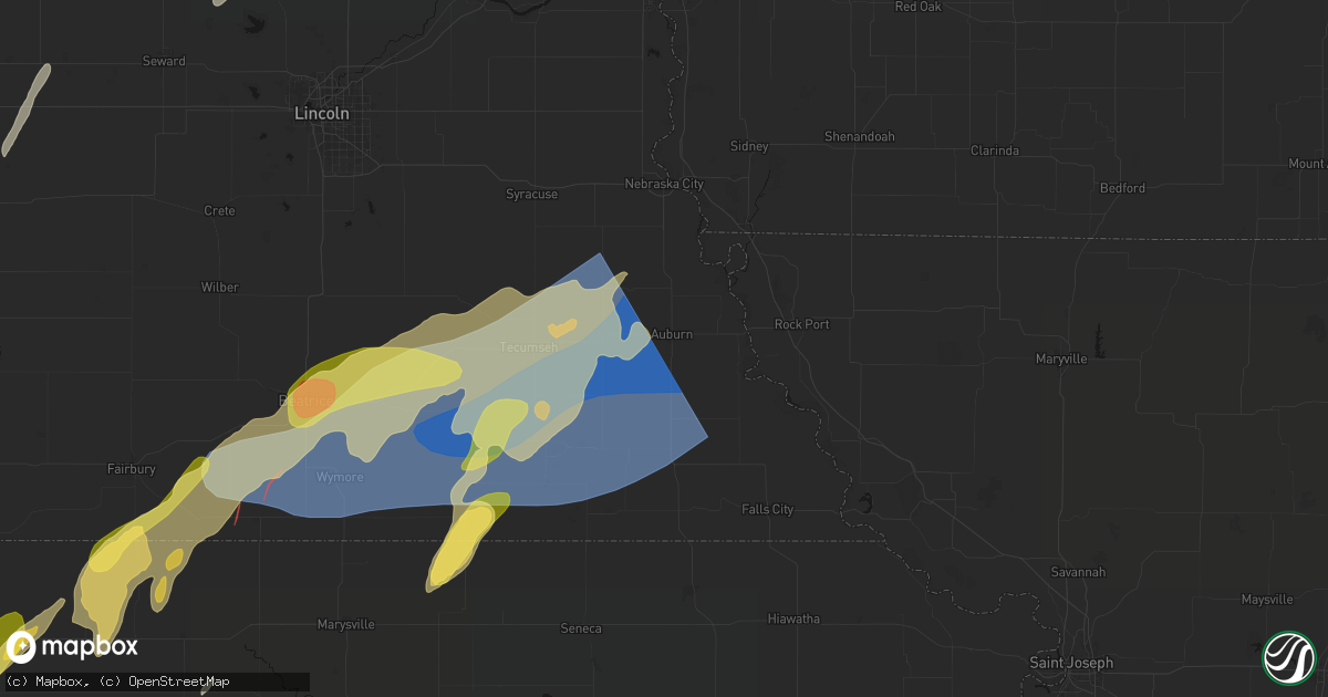 Hail map in Auburn, NE on May 18, 2026