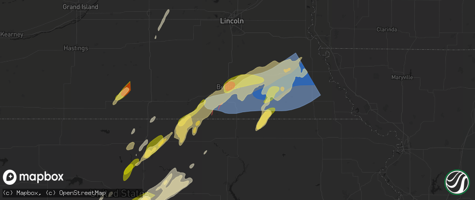 Hail map in Blue Springs, NE on May 18, 2026