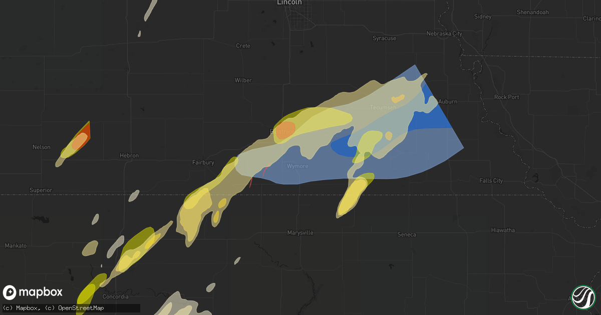 Hail map in Blue Springs, NE on May 18, 2026
