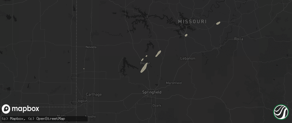 Hail map in Bolivar, MO on May 18, 2026