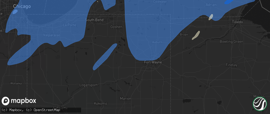 Hail map in Columbia City, IN on May 18, 2026