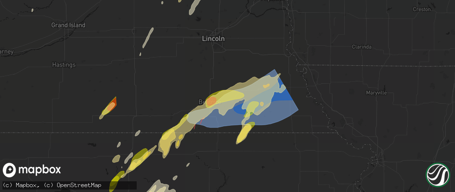 Hail map in Filley, NE on May 18, 2026