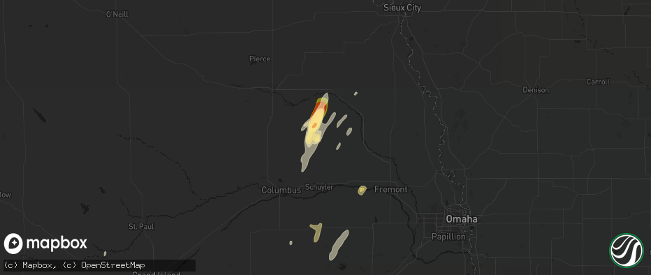 Hail map in Howells, NE on May 18, 2026