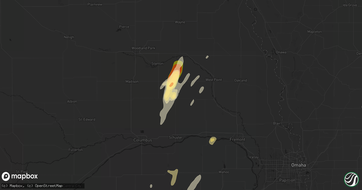 Hail map in Howells, NE on May 18, 2026