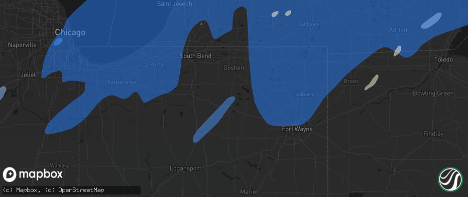 Hail map in Leesburg, IN on May 18, 2026