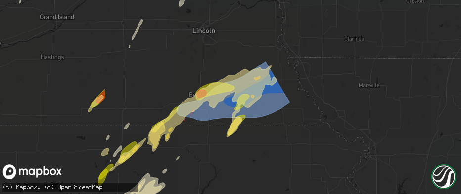 Hail map in Lewiston, NE on May 18, 2026