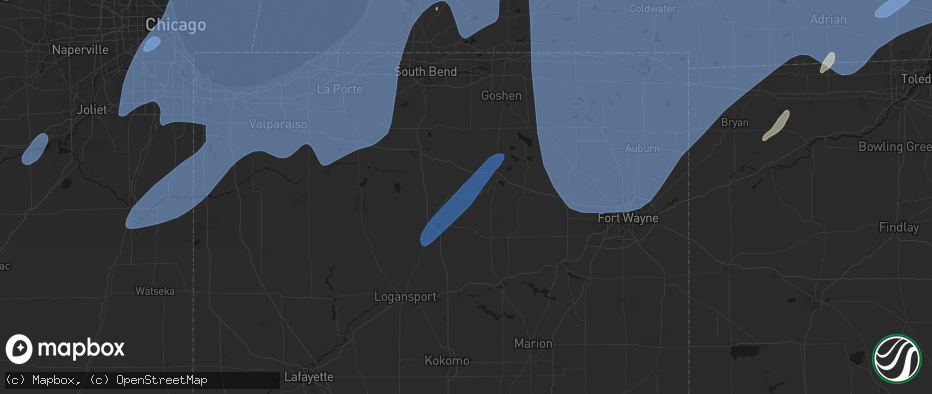 Hail map in Mentone, IN on May 18, 2026