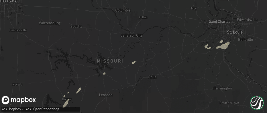 Hail map in Meta, MO on May 18, 2026