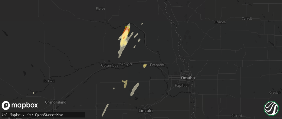 Hail map in North Bend, NE on May 18, 2026