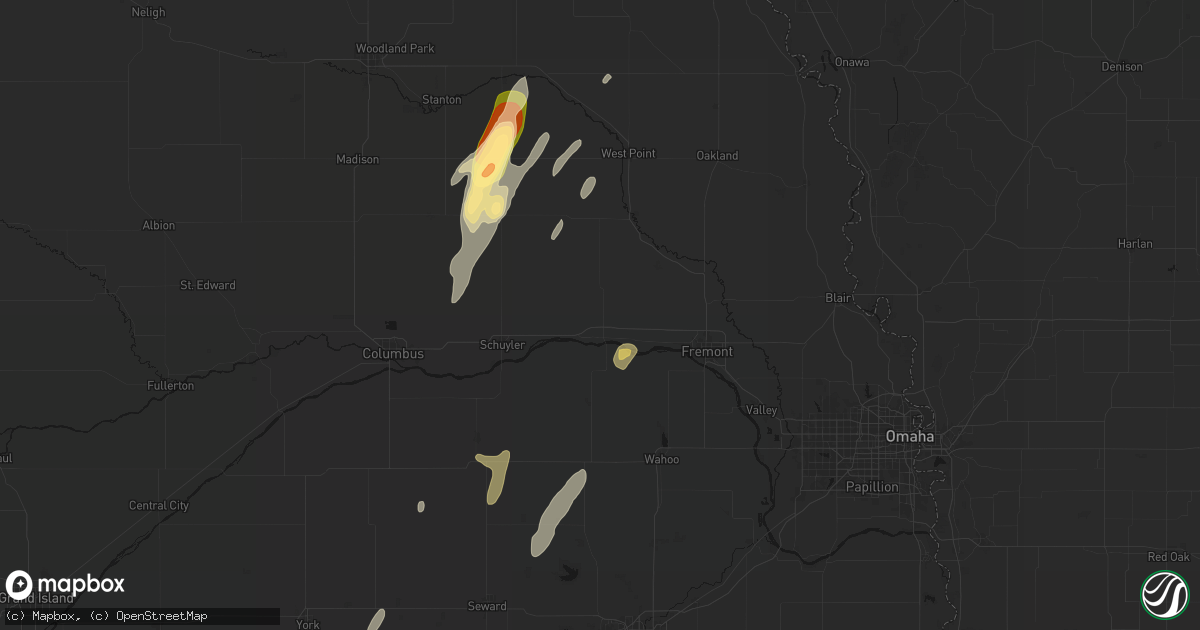 Hail map in North Bend, NE on May 18, 2026