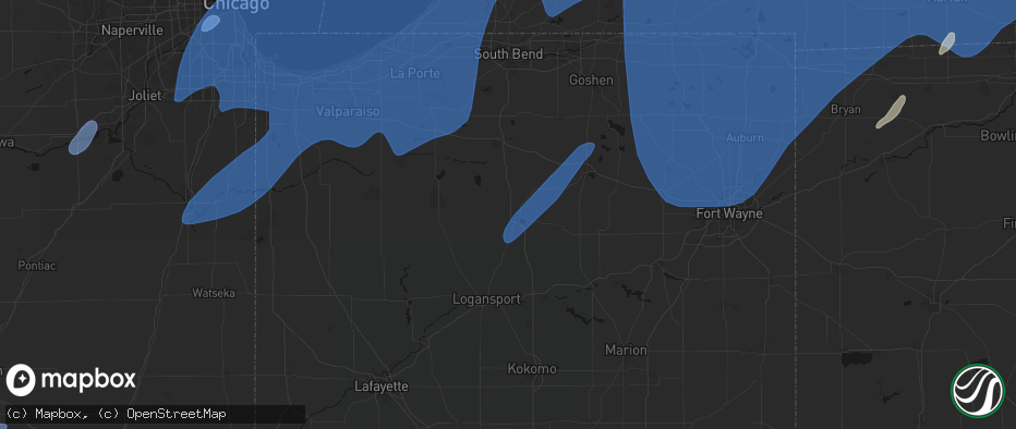 Hail map in Rochester, IN on May 18, 2026
