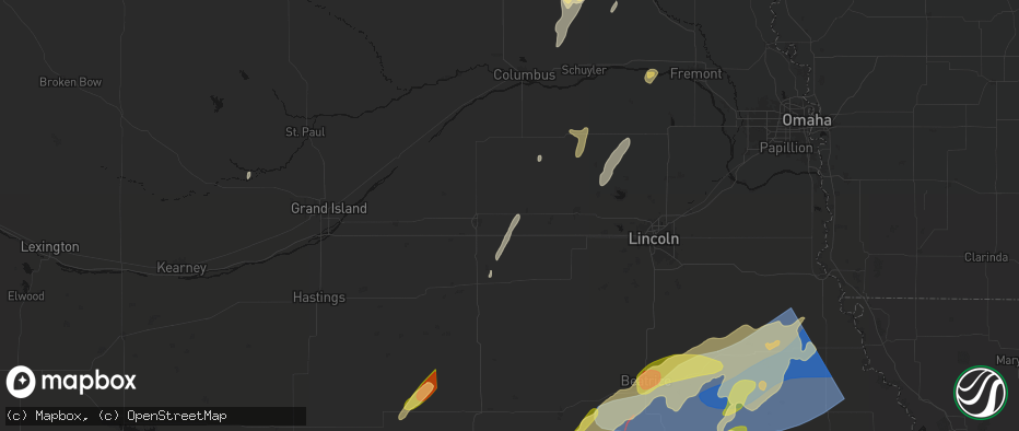 Hail map in Waco, NE on May 18, 2026