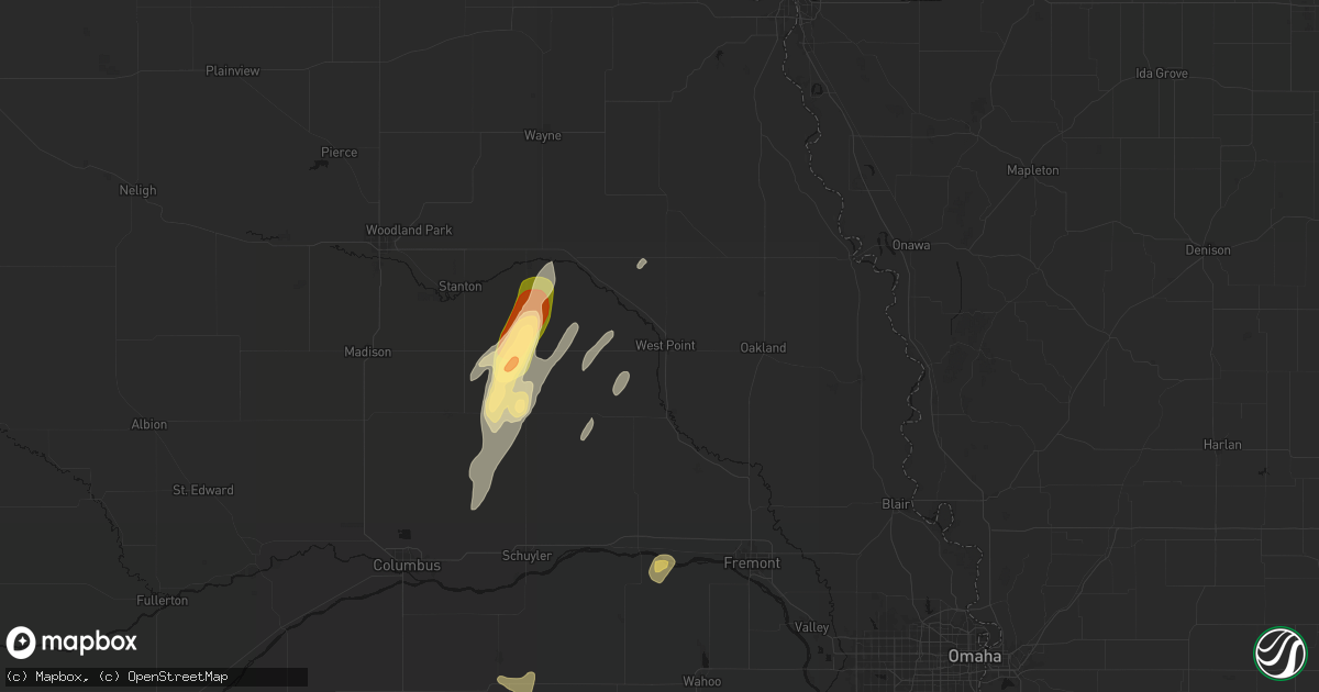 Hail map in West Point, NE on May 18, 2026