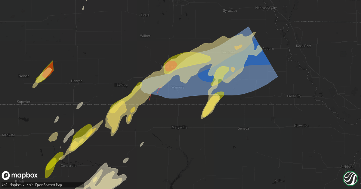 Hail map in Wymore, NE on May 18, 2026