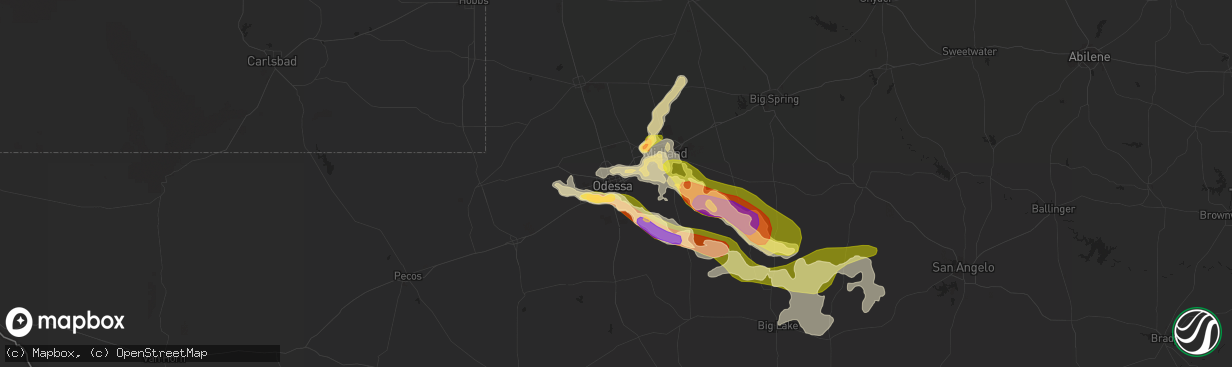 Hail map in Odessa, TX on May 19, 2023