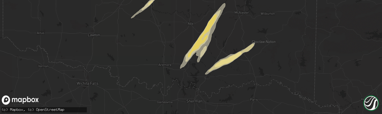 Hail map in Tishomingo, OK on May 19, 2025