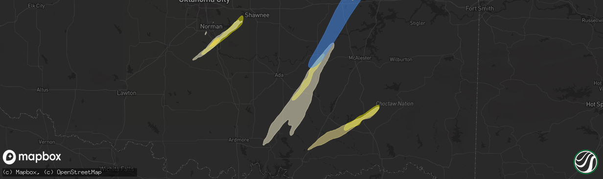 Hail map in Tupelo, OK on May 19, 2025
