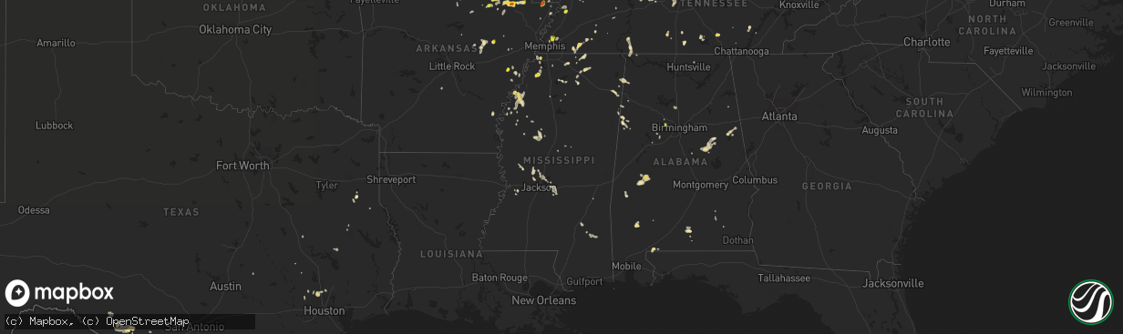 Hail map in Mississippi on May 20, 2018