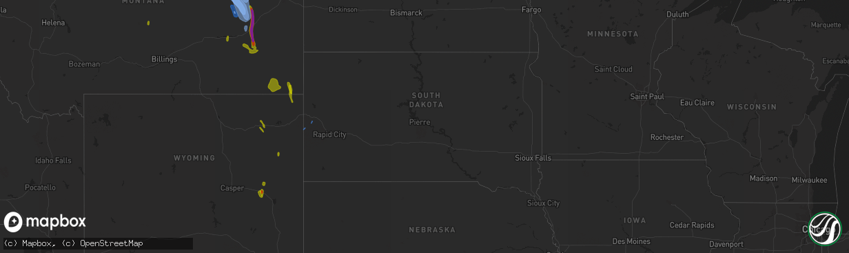 Hail map in South Dakota on May 20, 2020