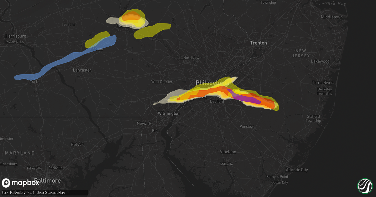 Hail map in Chester, PA on May 20, 2022