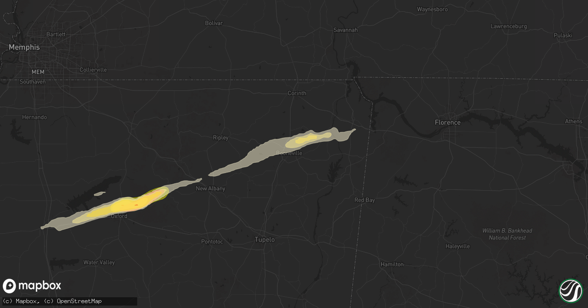Hail map in Booneville, MS on May 20, 2025