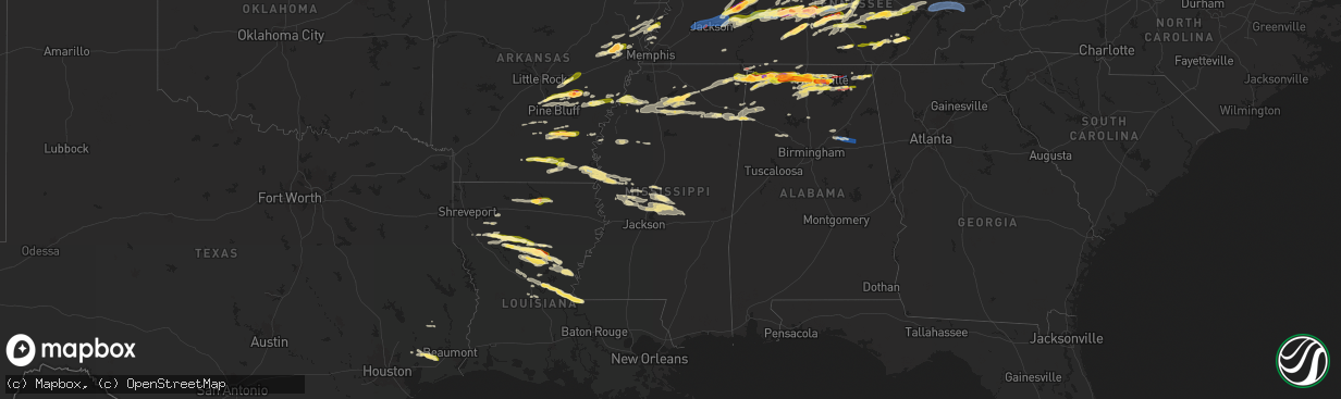 Hail map in Mississippi on May 20, 2025