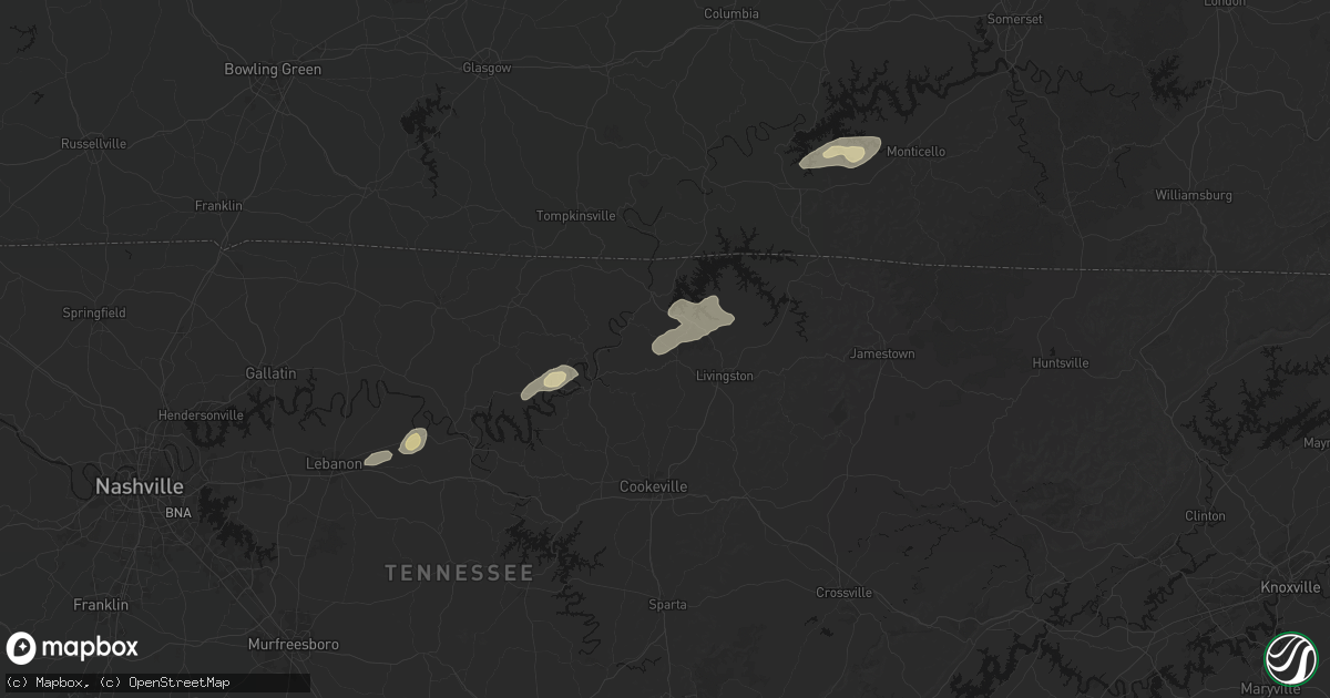 Hail map in Hilham, TN on May 20, 2026