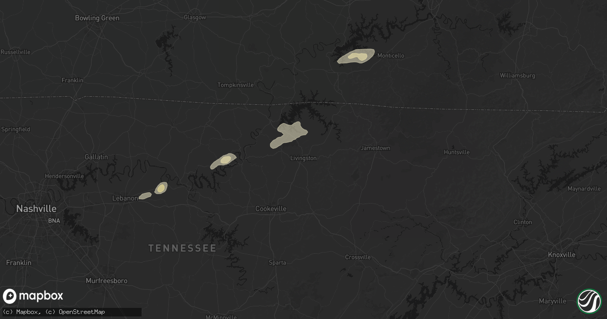 Hail map in Livingston, TN on May 20, 2026