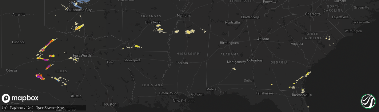 Hail map in Mississippi on May 21, 2020