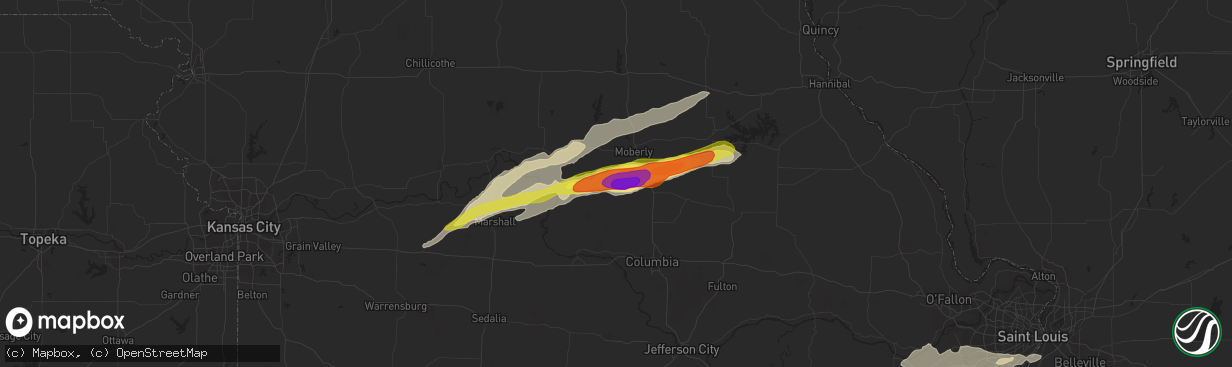 Hail map in Higbee, MO on May 22, 2019