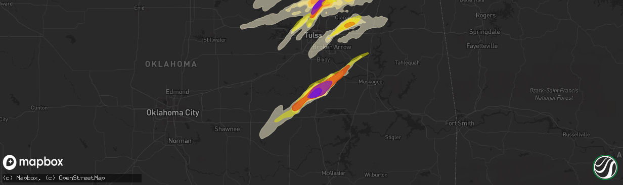 Hail map in Okmulgee, OK on May 22, 2019