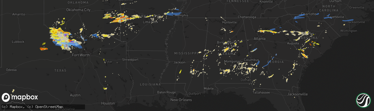 Hail map in Mississippi on May 22, 2020