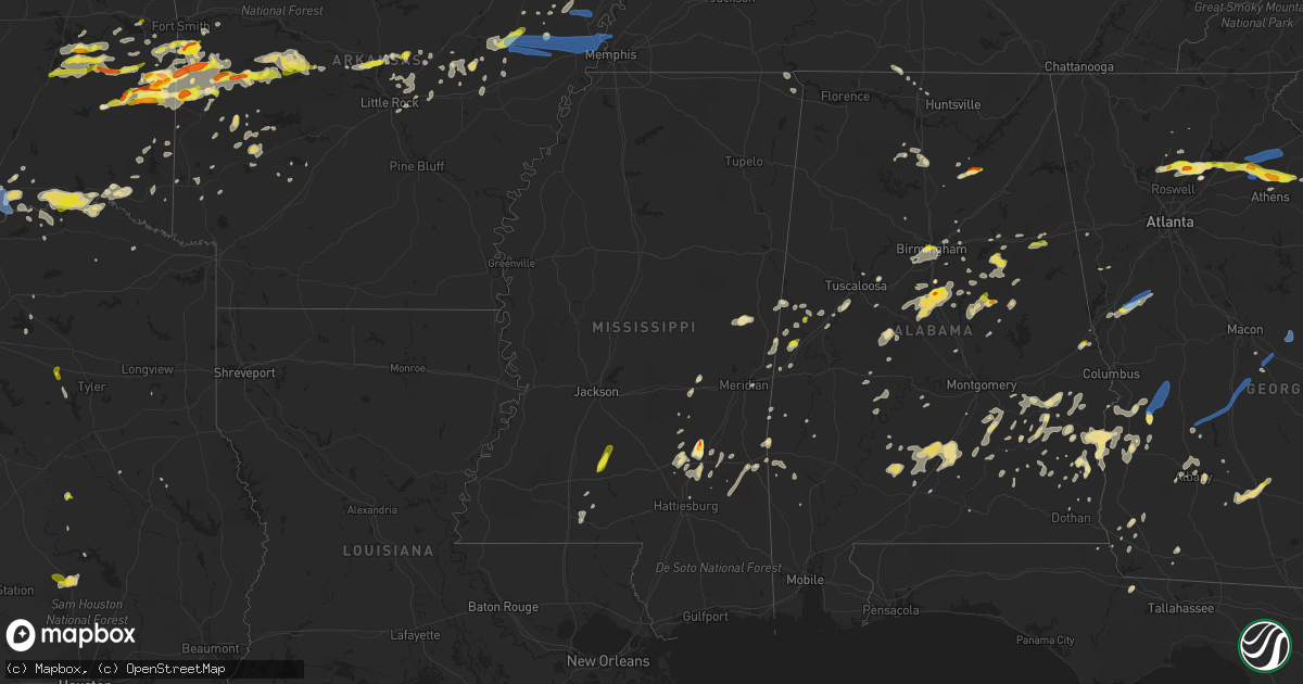 Hail map in Mississippi on May 22, 2020